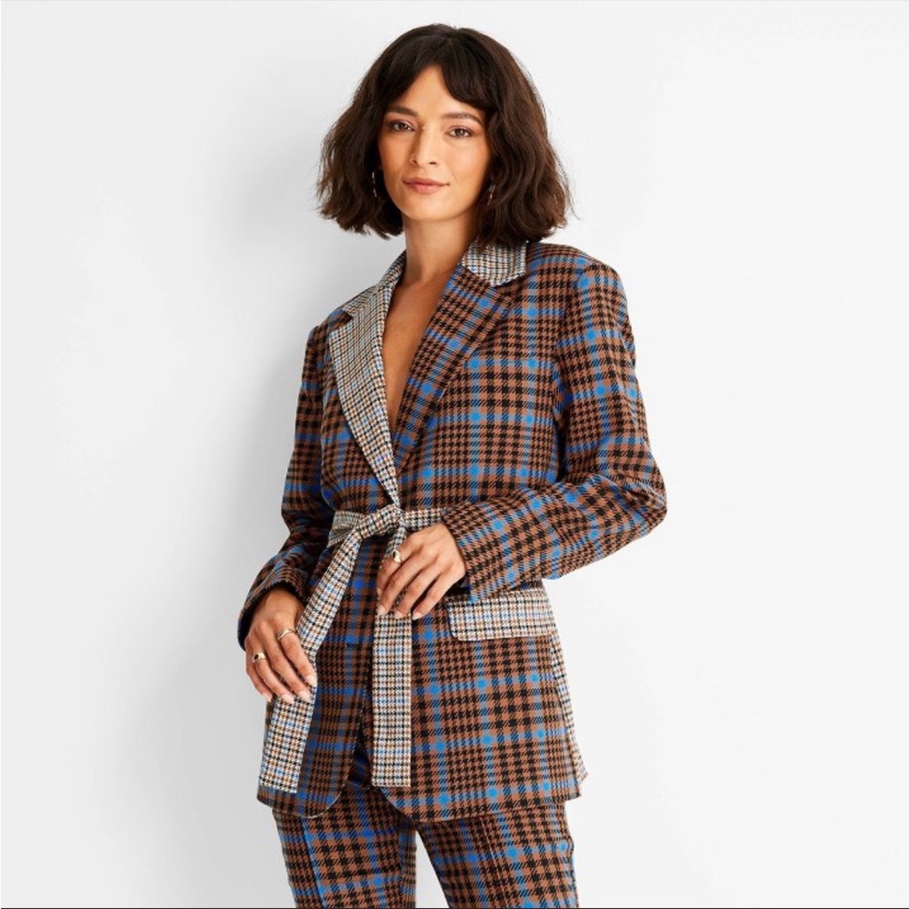 Future Collective Kahlana Barfield Brown Plaid Tie Front Blazer Blue Brown XS